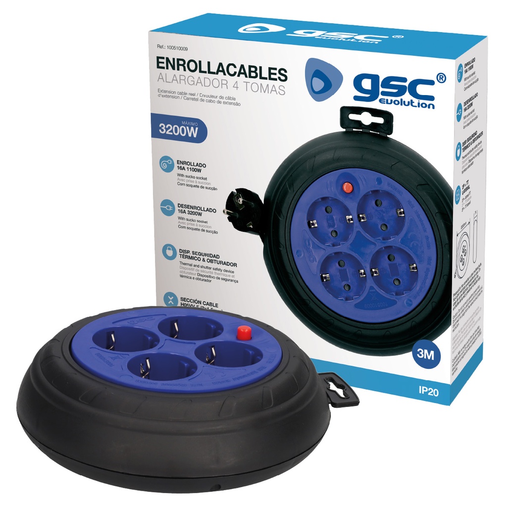 Enrollacables alargador 4 enchufes (3x1.5mm) 3M